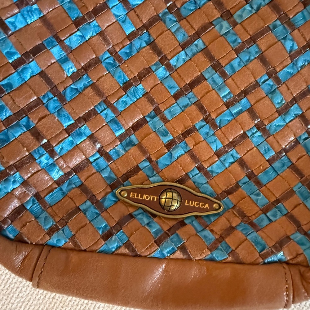 Elliott Lucca Brown Blue Weave Leather Crossbody Purse Bag brass gold chain zip - Picture 11 of 11